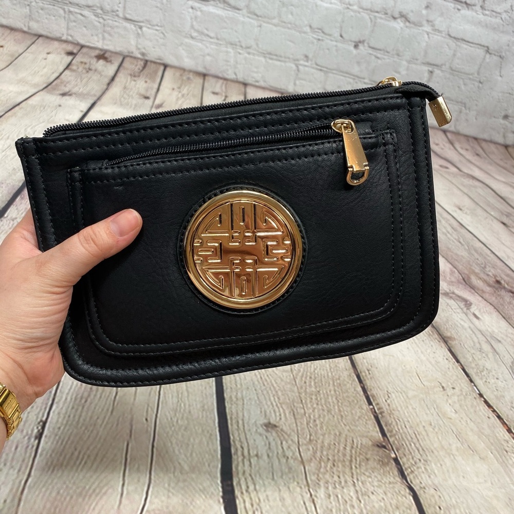 Black & Gold Leather Convertible Crossbody Bag